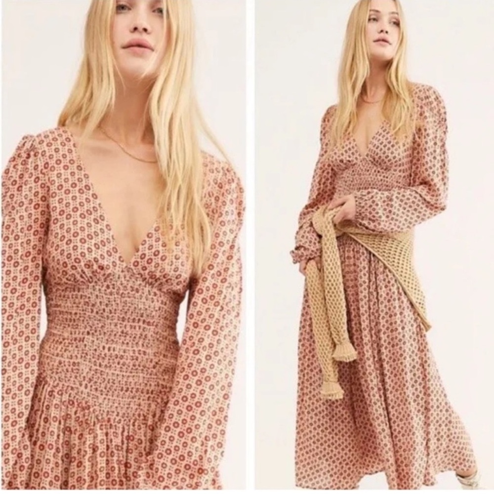 Free People Red and Cream Patterned Dress
